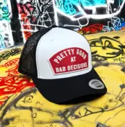 BLACK & WHITE Trucker Hat W/ RED "PRETTY GOOD ..." EMBROIDERED TWILL PATCH NEW