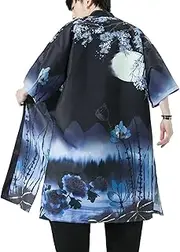 [Seidarise] Men's Long Kimono Cardigan Jacket Japanese Style Flying Crane Open Front Coat