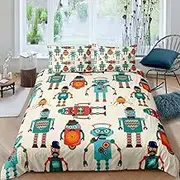 SJSXWQN Single Bedding Set Beige Cartoon Robot Duvet Cover for Kids Bedding Set with Zipper Closure Soft Breathable Microfiber Quilt Cover 140x210 cm + 2 Pillowcases 50x75 cm