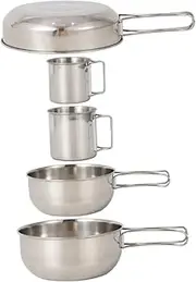 GANAZONO 5pcs Camping Stainless Steel Tableware Set Outdoor Picnic Cookware with Saucepan Pots Cups Durable Easy to Clean Compact for Hiking Barbecue Activities