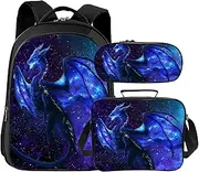 [Tijuboni] Kids Backpack for School Boys and Girls - 3pcs, Cute School Backpack with Lunch Box and Pencil Case for Children Teens Bookbag 16 Inch, Dragon, One Size