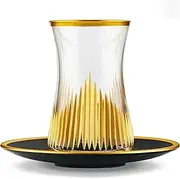 DECOSTYLE Turkish Tea Set, Glass and Plate (Set of 6), 12 pcs, Matte Gold, Vintage Handmade Tea Time, Turkish Glass Masters, Capacity: 5 1/4 US oz 160 cc (Black)
