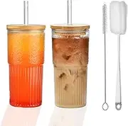 Drinking Glasses with Bamboo Lids and Glass Straw 2pcs Set - 22oz Transparent Striped Glass Cups, Beer Glasses, Iced Coffee Glasses, Cute Tumbler Cup, Ideal for Cocktail, Whiskey,