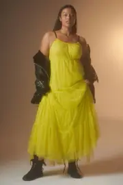 Maeve Anthropologie MP Sequined Tulle Midi Dress Maxi Chartreuse Yellow M P NWT