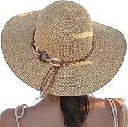 [BelleVive] Beach Sun Hats for Women, Wide Brim Straw Hat for Women, Summer Hat with Roll-Up Wind Band, Foldable Beach Hat with UV Protection, SPF 50+, Adjustable Strap, Holiday
