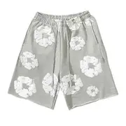 Summer Men Shorts Flower Print Drawstring Elastic Waist Loose Pockets Pleated Vacation Beach Sport Casual Homewear Short Pants grey M