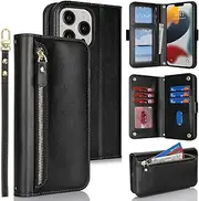 SunYoo for iPhone 13 Pro Max Case Leather Wallet with Card Holders Money Slots Wrist Strap RFID Blocking Purse for iPhone 12 Pro Max Zipper Coin Pocket Cover Kickstand Folio Flip Case Black
