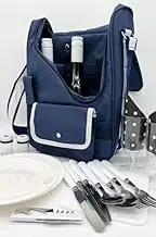 Picnic Bag Set, 2 Person Insulated Tote with Cooler Compartment. Two Bottle Section, with Two Sets of Plates, Silverware, and Plastic Wine Glasses, Cheese Board, Cheese Knife and Bottle Opener