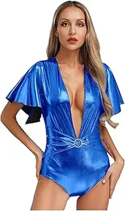 [Choomomo] Women's Shiny Metallic Deep V Neck Plugging Bodysuit Wetlook Leather Rave Club Party Dance Leotard Top