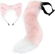 [Haayymo] Cat Ears Headband Wolf Fox Tail Set Handmade Animal Cosplay Costume Faux Fur Headdress Party Accessories(Pink)