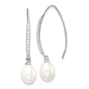 Sterling Silver Rhodium-Plated Polished White 7-8mm Freshwater Cultured Pearl & Cz Threader Earrings