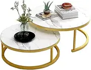 Modern Round Nesting Coffee Table Set, Sofa Tables for Small Spaces, Tempered Glass White Metal Frame Gold, Small + Large Feito na China Comfortable Anniversary