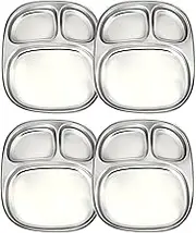 WG inc Stainless steel kids Plates, 4-Pack, 3 section divided Dinner Plates, Portion Control Sandwich Trays, Baby Feeding Dishes, Non Toxic Metal Toddler Plates, Camping Dishes