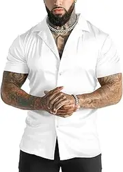 [URRU] Men's Luxury Shiny Silk Like Satin Dress Shirt Cuban Collar Short Sleeve Casual Slim Fit Muscle Button Up Shirts