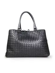 Black Leather Intrecciato Tote