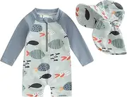 [Springcmy] Toddler Baby Boys Swimsuit One Piece Long Sleeve Rash Guard Zipper Bathing Suit Swimwear with Hat Beachwear