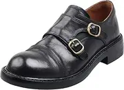 [XINXINIO] Women's Genuine Leather Monk Shoes Brogue Buckle Chunky Heel Footwear