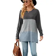 Three-Colour PatchWork Long Sleeves Top - Dark grey-Light Grey-Blue