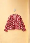 Cotton Quilted Jacket V-Neck Handmade Kantha Hand Block Floral Women's Boho Coat
