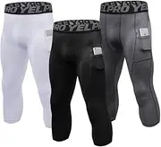 [PIROIT] EARGFM 3/4 Athletic Leggings for Men Workout Compression Pants with Pockets Running Tights Cool Dry Base Layer Gym Capri, Black+white+grey-with Pockets, Small