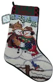 LET IT SNOW Woolen Velvet Needlepoint Christmas Stocking Snowmen Multicolor