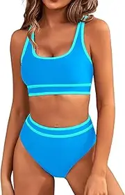 [Holcuva] Women's High Waisted Bikini Set Sporty Crop Top Cheeky High Cut Swimwear Tummy Control Color Block Two Piece Bathers
