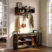 Entryway Storage Bench Hallway Coat Rack Hooks Shoe Shelves Cubbies Shelf Brown