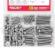 176PCS Heavy Duty Bolts and Nuts Assortment Kit, 304 Stainless Steel, Includes 9 Most Common Sizes (1/4-20, 5/16-18, 3/8-16)