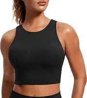 [CRZ YOGA] Butterluxe Womens Racerback High Neck Longline Sports Bra - Padded Workout Crop Tank Tops with Built in Shelf Bra