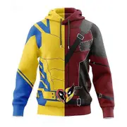 Deadpool & Wolverine 3D Hoodies Men Hooded Sweatshirt Pullover Tops Halloween Cosplay Costume Red Yellow M