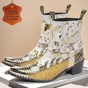 Men's White and Gold Leather Western Boots with Floral Pattern and Zipper Closure - Trendy Boots for Casual and Festival Wear