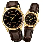 CASIO / 卡西歐 簡約時尚 數字刻度 壓紋皮革手錶 情侶對錶 / 黑X金框X深褐 / 38MM+25MM