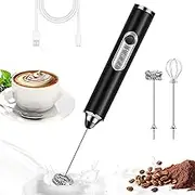 Milk Frother Rechargeable Handheld Electric Whisk Coffee Frother Mixer with 2 Stainless whisks 3 Speed Adjustable Foam Maker Blender for Coffee Matcha Latte Cappuccino Protein Powder (Black)