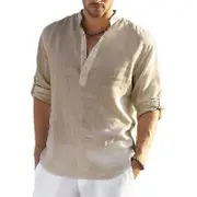 Men"s Long Sleeved Linen Shirt, Cotton And Linen Casual Shirt, S-5xl Top, Brand New Khaki L