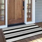 OJIA Cotton Black and White Striped Rug 2x4 Hand-Woven Indoor/Outdoor Area Rug Layered Door Mats for Front Porch/Entryway/Laundry Room/Bedroom/Outdoor