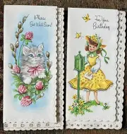 2 Vtg MCM Embossed Die Cut Greeting Cards Birthday Get Well Kitten-unused