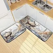 YXYZRMY Kitchen Mats for Floor, 2 Piece, Moose River Watercolor Funny Cute Washable Non-Slip Kitchen Rugs Set for Home & Office, Sink, Laundry, 19.7” x 27.6” + 19.7” + 47.2”