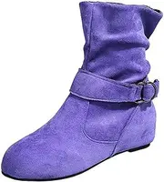 [JEUROT] Women's Mid Calf Boots Round Toe Wide Calf Slouchy Boots Flat Heel Comfortable Shoes with Side Zipper Buckle Strap