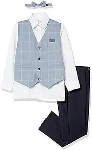 [Isaac Mizrahi] Slim Fit Boy's Contrast Check Vest, Shirt, Bowtie, and Pant Set