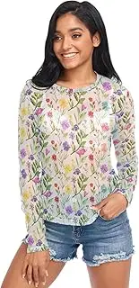 [ODAWA] Colorful Flowers Plants Long Sleeve Mesh Shirt Mesh Crop Tops Comfortable Shirt for Women