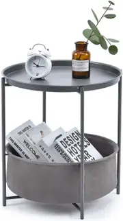 Coffee Round Table,Metal Nightstand,Sofa Side Snack Table,Bedside End Table with Detachable Tray Top and Fabric Storage Basket, Scandi Style Lamp Table for Living Room Bedroom