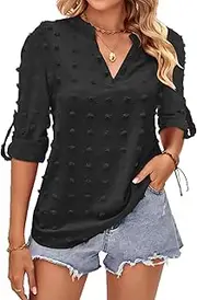 [Aomey] Women's Elegant V-Neck Long Sleeve Blouse Casual Tunic Plain Shirt Blouse Loose Tops, Black, Small