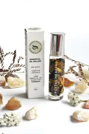 Pure Essential Oil Roller Bottle 10ml with TIGERS EYE Crystal Gemstones - infused with 24k Gold Flakes