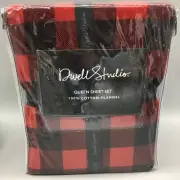 4pc Dwell Studio Red Black Buffalo Plaid QUEEN Sheet Set Cotton Flannel Holiday