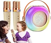 Portable Karaoke | Small Speaker with Two Microphones - LED Lights, Music Player for Family Home Gathering, Sound Box for Adults and Kids