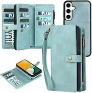 [Yidai-Silu] Galaxy A13 5G Flip Case【Wallet,Detachable 】 Magnetic Closure Zipper Case Pockets Wrist Strap Card Holder Kickstand Slots Folio Cover for Samsung Galaxy A13 5G 6,48” - Blue