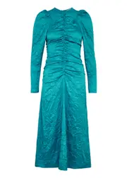 Ganni Crinkled Ruched Satin Midi Dress - Blue - 40 (UK12 / M) 40 (UK12 / M)