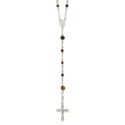 Sterling Silver Polished Tiger Eye Bead Rosary 33 Inch Necklace