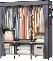 Portable Closet 61-Inch Portable Wardrobe with 3 Hanging Rods and 6 Storage S...