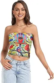 [RPLIFE] Colorful Birds Womens Tube Top Strapless Tube Top, Mesh Tube Tops, Sexy Tube Tops (S)